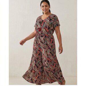 SEVEN ISLANDS Short Sleeve Knit Maxi Dress V-Neck Tropical Blk/Red Women 1X